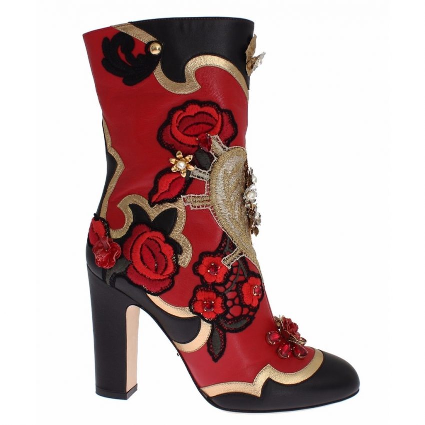 Dolce & Gabbana Roses Embroidered Enchanted Heart Swarovski Crystal Boots
