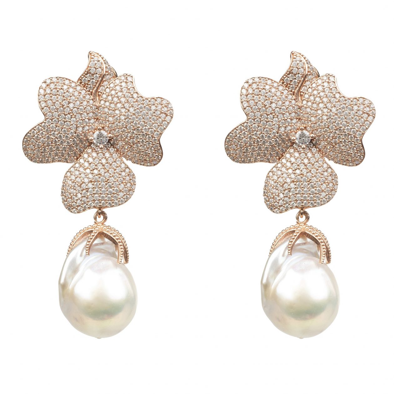 Latelita London White Flower Baroque Pearl Drop Earrings Rosegold