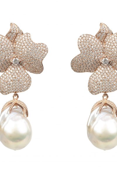 Latelita London White Flower Baroque Pearl Drop Earrings Rosegold