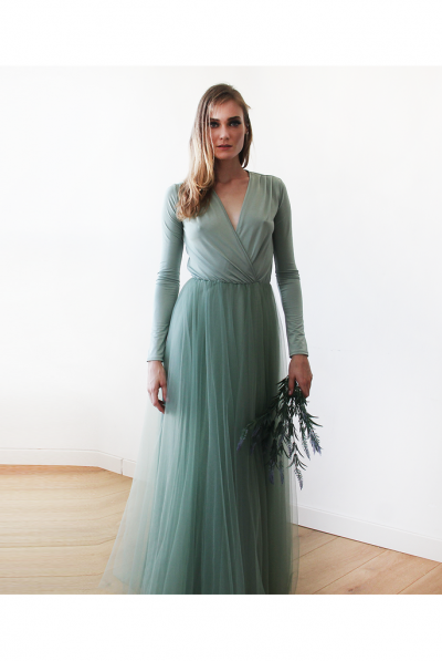 Sage Green Tulle Maxi Bridesmaid Dress