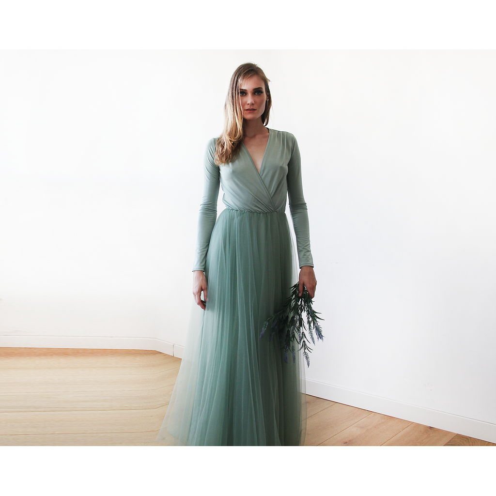 Sage Green Tulle Maxi Bridesmaid Dress