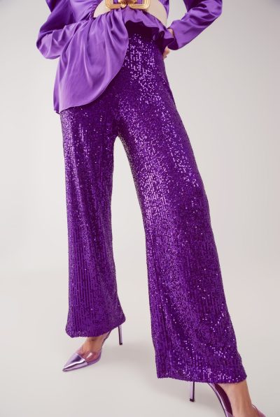 Purple Wide Leg Sequin Trousers