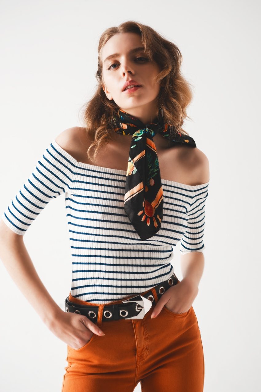 Striped Navy Bardot Top