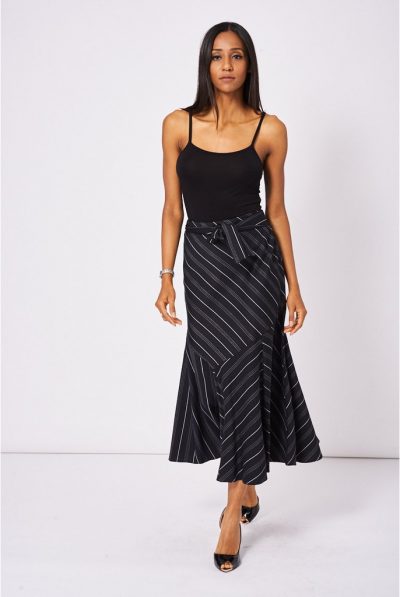 Black Tie Waist Diagonal Stripe Skirt