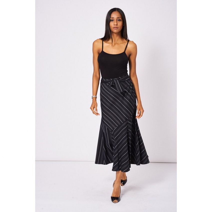 Black Tie Waist Diagonal Stripe Skirt