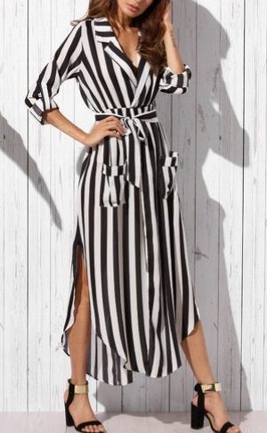 Vertical Striped Belted Dress