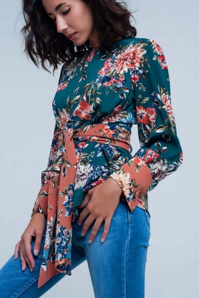 Green Floral Tied Waist Top