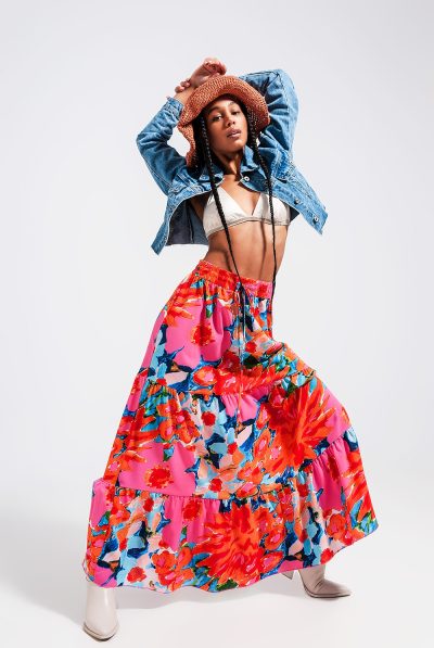 Fuchsia Print Tiered Maxi Skirt