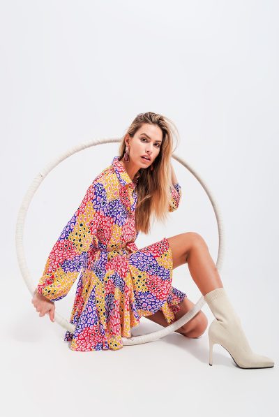 Multi Print Balloon Sleeve Dress