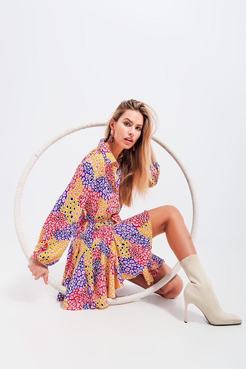 Multi Print Balloon Sleeve Dress