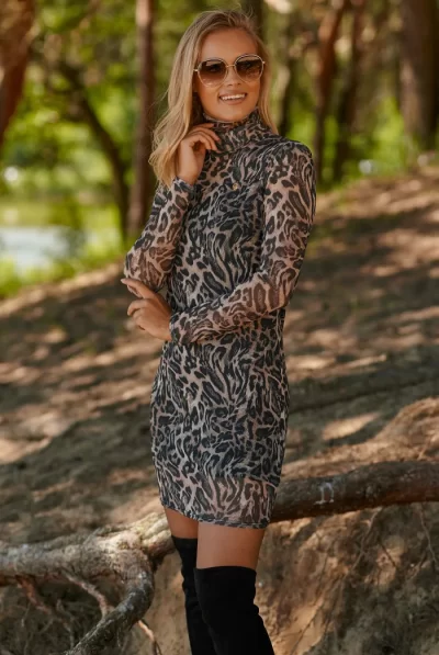 Latte Leopard Print Mesh Dress