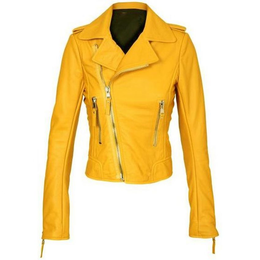 Yellow Women Brando Biker Leather Jacket